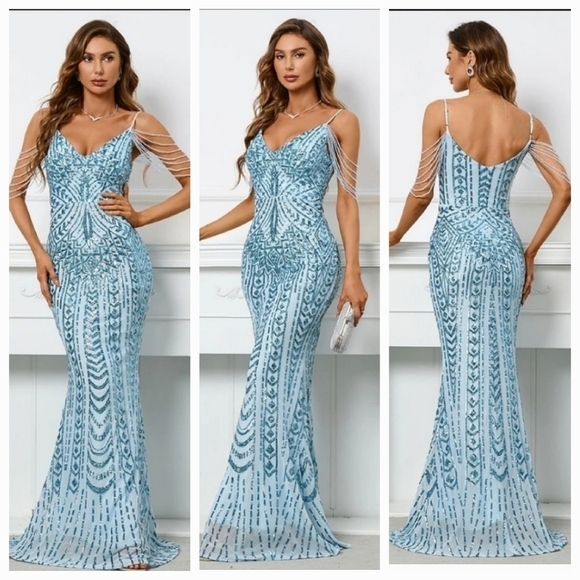 Blue, Geometric Print, Strapless,  Sleeveless, Beaded,   Contrast Sequin… - Picture 2 of 16